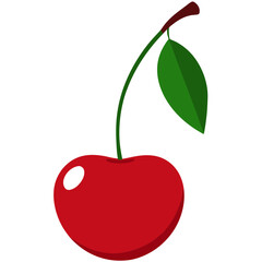 Illustration of a single red cherry with a stem and one green leaf