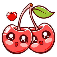 An illustration of two cute, kawaii-style red cherries with faces, connected by their stems, with a heart above them
