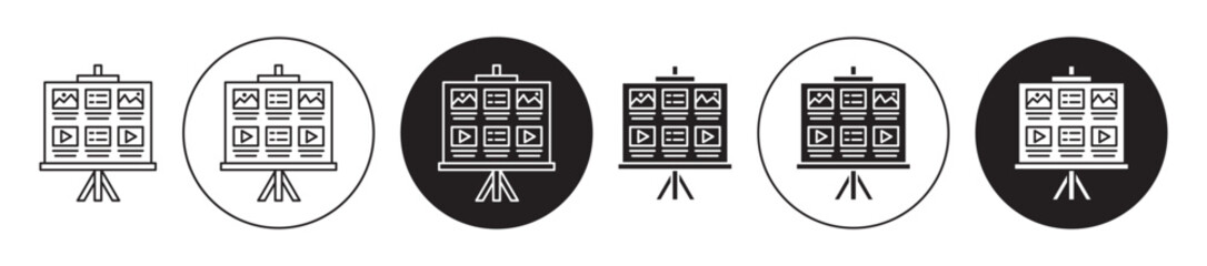 Storyboard vector icon set black filled and outlined style.