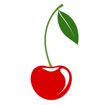 Red cherry graphic with a single green leaf and stem on a white background