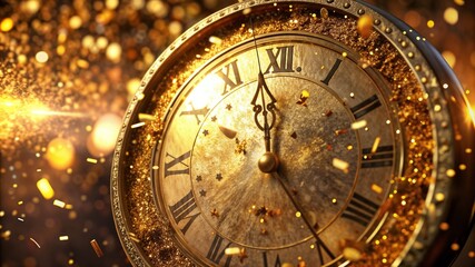 Obraz premium Antique Clock Striking Midnight with Golden Sparks