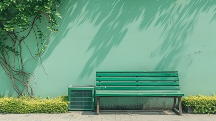 Minimalist scene featuring a green bench positioned next to a wall painted in a soft pastel shade. The sunlight casts gentle shadows from nearby plants, adding depth and texture to the otherwise