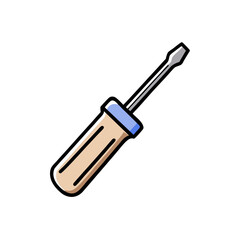 Cartoon illustration of a flathead screwdriver with a tan handle and blue band
