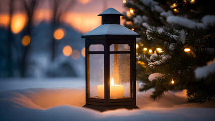 Lantern with a candle in the snow near the Christmas tree.