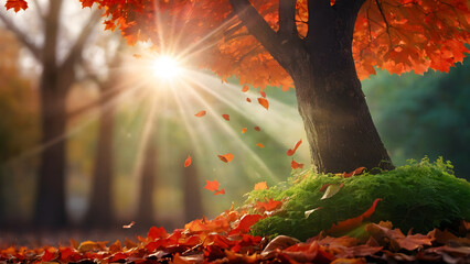 Autumn landscape: red leaves falling from a tree in an autumn park.