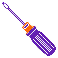 Graphic image of a purple and orange flathead screwdriver on a white background