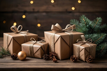 Christmas or New Year gifts in craft paper on a wooden background.