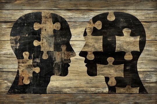 Interpersonal neural dynamic Brain stimulation Wooden puzzle profiles highlighting the intellectual and emotional connections in human relationships symbolizing depth and mutual understanding