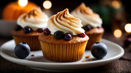 Pumpkin cupcakes with buttercream on autumnal background.