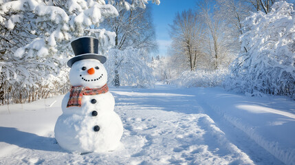 Fototapeta premium A classic snowman with a black top hat and red scarf standing in a picturesque snowy landscape with tall trees under the winter sun