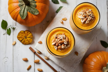 Pumpkin smoothie with walnuts in glasses on white rustic table, top view.