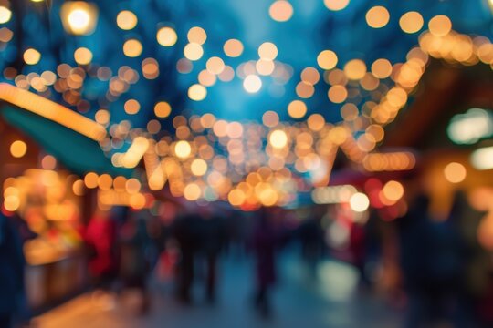 Blurred festive Christmas market background with warm lights and holiday decor