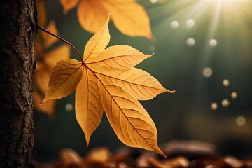 Yellow leaves on a tree in close-up. Autumn, the sun's rays.
