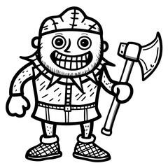 Cartoon of a smiling lumberjack holding an axe, wearing a helmet, vest, and boots