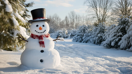 Obraz premium A classic snowman with a black top hat and red scarf standing in a picturesque snowy landscape with tall trees under the winter sun