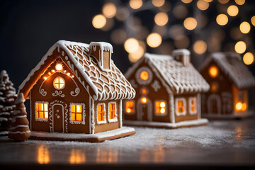 Christmas gingerbread houses on festive background. Christmas and New Year concept.