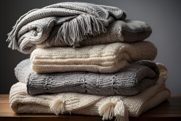Stack of folded gray and white knitted blankets on a wooden table.