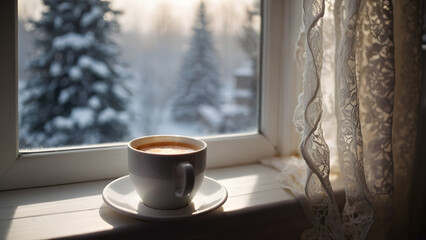 Cup of hot drink on windowsill. The winter forest is visible from the window.