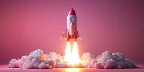 Fototapeta premium 3D render of a cartoon rocket launching with glowing flames, set against a pink background. Ideal for startup or space-related themes.