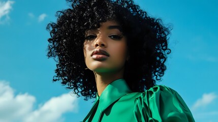 A Black woman with an updo hairstyle, wearing green and posing for the cover of magazine