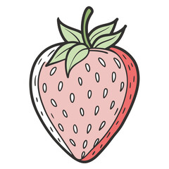 Hand-drawn illustration of a red strawberry with green leaves and white seeds