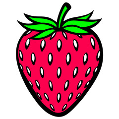 Illustration of a red strawberry with green leaves and white seeds