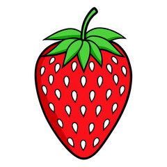 Obraz premium Cartoon of a red strawberry with white seeds and a green leafy top