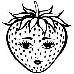 Black and white illustration of a strawberry with a woman's facial features