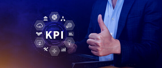 KPI, Key Performance Indicator concept, Management data System KPI connected database follow earnings, operations and sales data, Financial business data analytics graph dashboard.