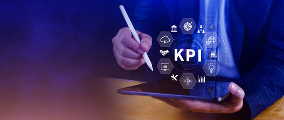 KPI, Key Performance Indicator concept, Management data System KPI connected database follow earnings, operations and sales data, Financial business data analytics graph dashboard.