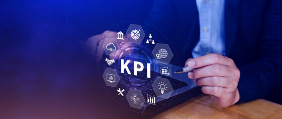 KPI, Key Performance Indicator concept, Management data System KPI connected database follow earnings, operations and sales data, Financial business data analytics graph dashboard.