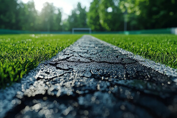 Patterns of worn grass on a sports field, reflecting frequent use and athletic activities. Concept of sports fields and recreational use.