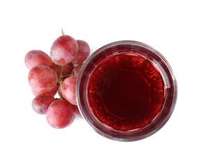 Tasty grape juice in glass and berries isolated on white, top view