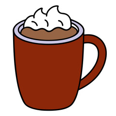 A cartoon of a brown mug filled with a hot beverage topped with whipped cream