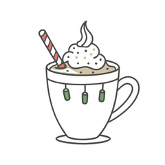 Illustration of a cute hot chocolate cup with whipped cream and a striped straw