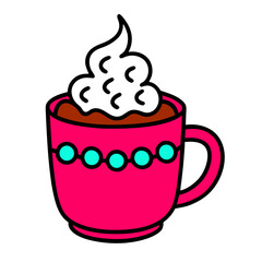 A cartoon of a pink cup with a whipped cream-topped beverage