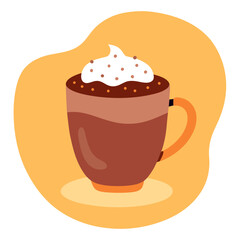 Illustration of a frothy hot beverage in a brown mug against a yellow background
