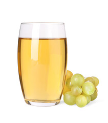 Tasty grape juice in glass and berries isolated on white