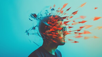 A surreal portrait of a man with arrows seemingly exploding from his head, creating a visually striking and dynamic image. The use of red arrows against a cool blue background highlights the intense