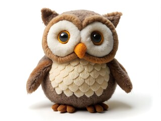 Fototapeta premium A plush owl toy with detailed, fluffy features, including big eyes, a soft brown and cream body, and a friendly appearance. Perfect for playtime, decoration, or collectors. isolated on a white 