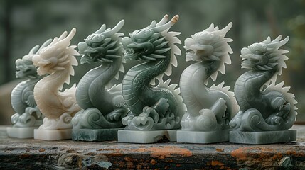 Fototapeta premium a group of white and grey dragon statues. 