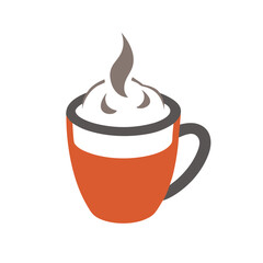 A stylized orange mug with steaming white foam atop, on a white background