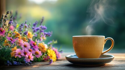 misty steam curls from a herbal tea cup beside a vibrant wildflower bowl, embodying a soothing theme banner