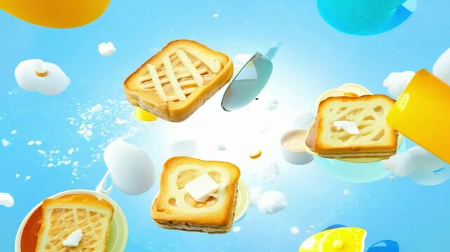 Creative culinary art displayed in a colorful animated kitchen with floating dishes and ingredients
