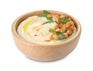 Delicious hummus with olive oil, chickpeas and parsley isolated on white