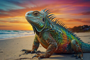 Fototapeta premium an iguana on a beach at sunset