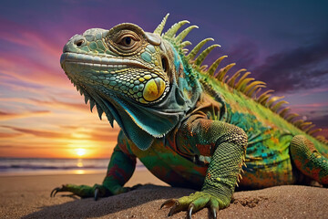 Fototapeta premium an iguana on a beach at sunset