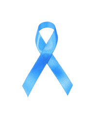 Blue ribbon isolated on white, top view. Prostate cancer awareness