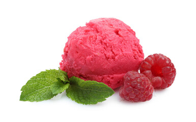 Delicious raspberry sorbet, mint and fresh berries isolated on white