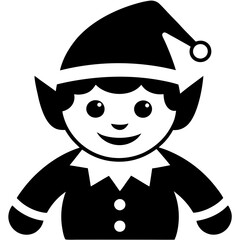 Black and white icon of a smiling elf with a Santa hat